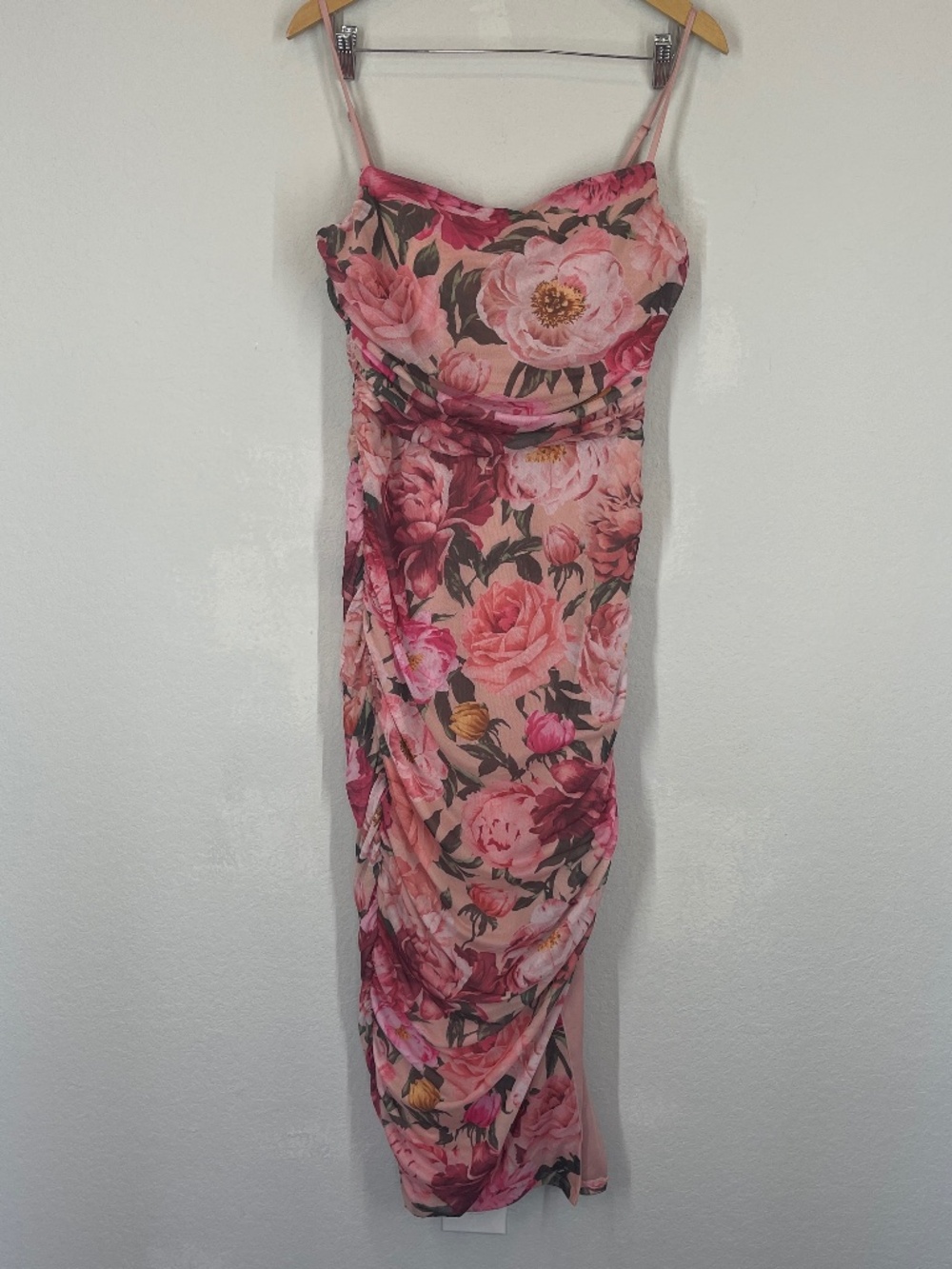 Express Body Contour Floral Ruched Mesh Midi Dress Women's L
